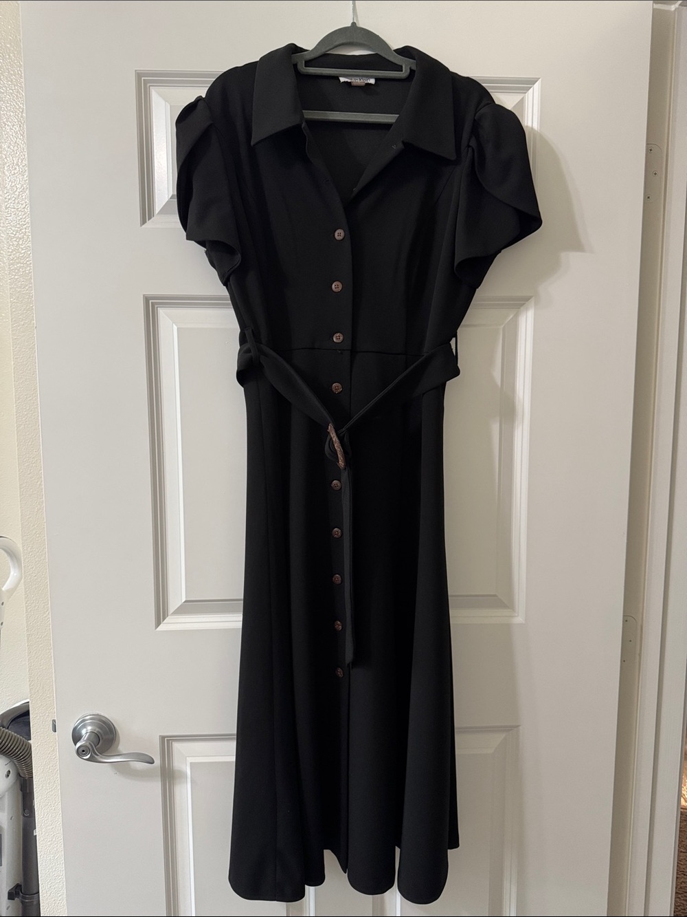 Calvin Klein Black Button-Front Midi Dress with Puff Sleeves